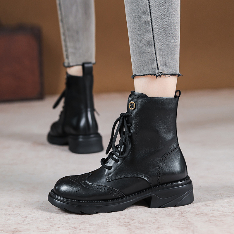 【断码特价】英伦风马丁靴系带中筒靴布洛克里外全牛皮短靴