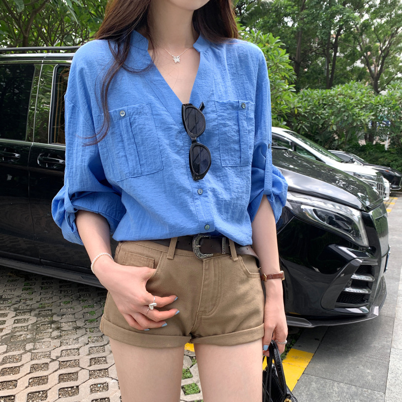 法式漂亮亚麻V领蓝色衬衫外套女2025早秋新款高级感chic别致上衣|undefined