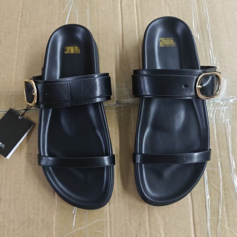 ladies slippers 新款ZA双带扣松糕底拖鞋女欧美一字型休闲凉拖|undefined