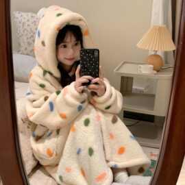珊瑚绒睡衣女秋冬少女甜美彩色波点法兰绒连帽睡袍家居服睡裙大码