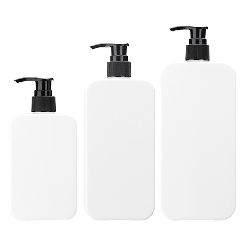 Botella de leche de cuerpo de bomba de aceite blanco de 250ml Botella de Loción de PE plana de 350ml Botella de prensa negra Botella de champú 500