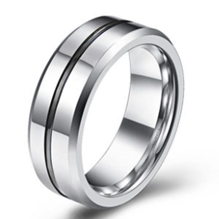 Tungsten gold men's jewelry 6/8mm wide middle slot between black smooth chamfered tungsten steel ring Europe and the United States cross-border jewelry