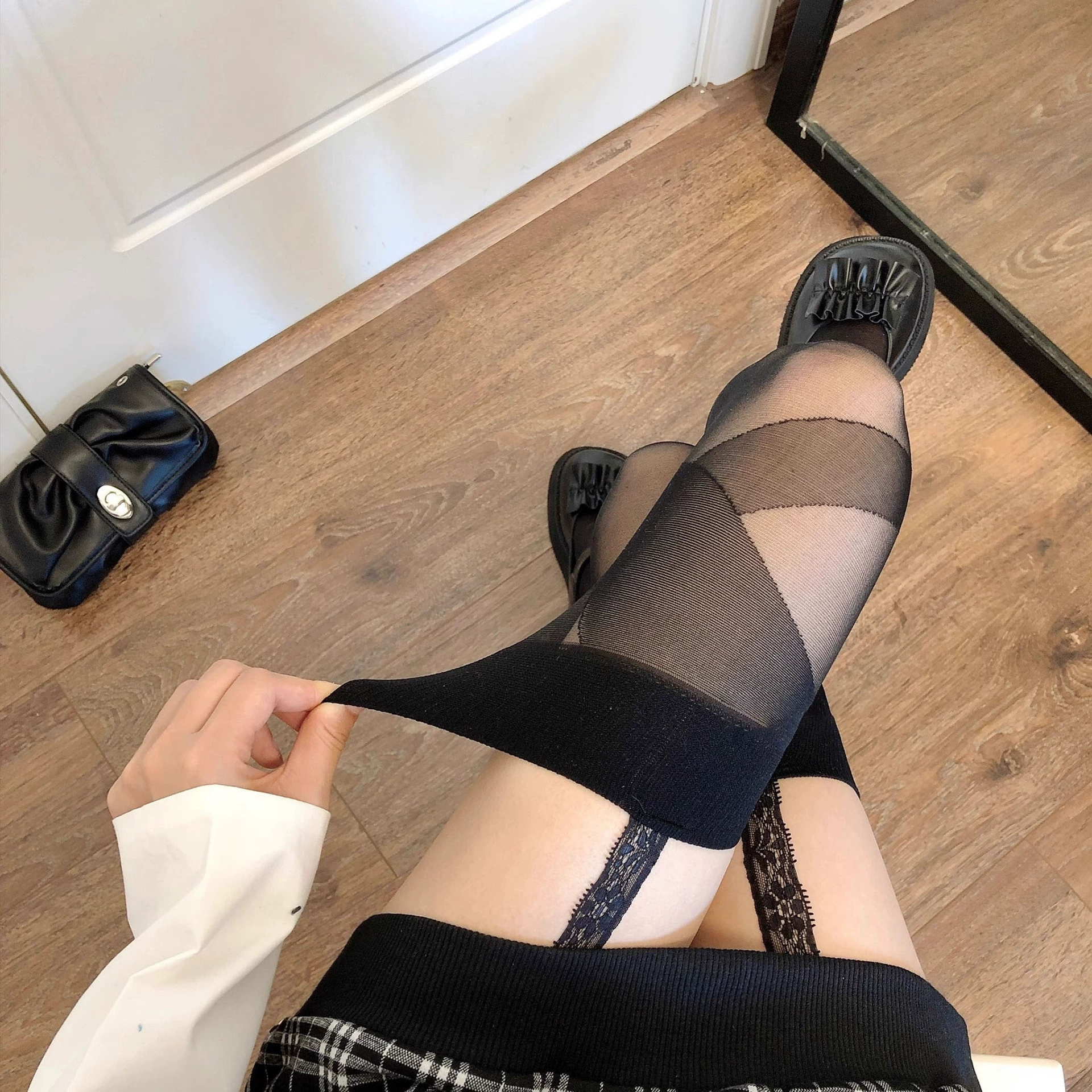 Japanese mint white thin tights with bow