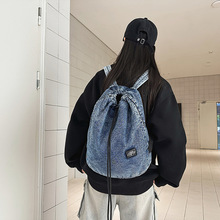 2025牛仔布抽绳大容量复古风双肩包男士睿营旅行背包大学生书包女
