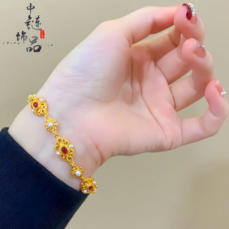 金店同モデル高保色古法沙金花糸鳳熹ブレスレット女気高い気質ルビー真珠ブレスレット|undefined