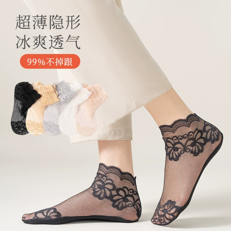 Кружевные носки для женщин, весенне-летние, средней длины, сетчатые, ультратонкие, сексуальные, черные, дышащие, короткие, оптом