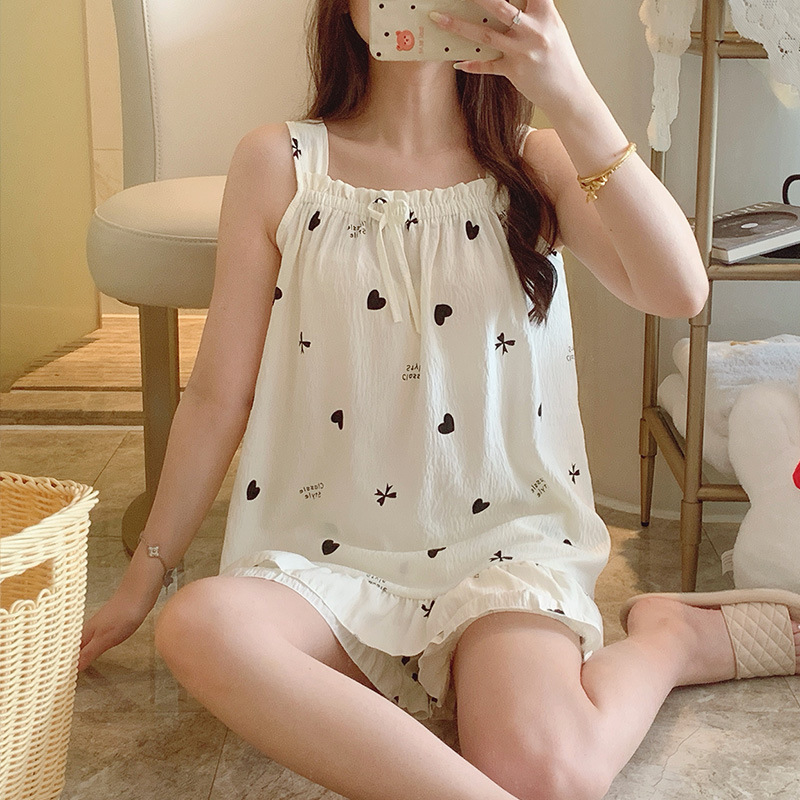 Venta al por mayor transfronteriza verano nuevo estilo tirantes pantalones cortos pijamas mujer nube algodón creativo lindo estampado ropa para el hogar se puede usar afuera