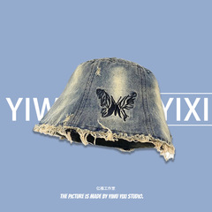 韓版復古水洗做舊牛仔潮牌漁夫帽女春夏季新款蝴蝶刺繡遮臉水桶帽