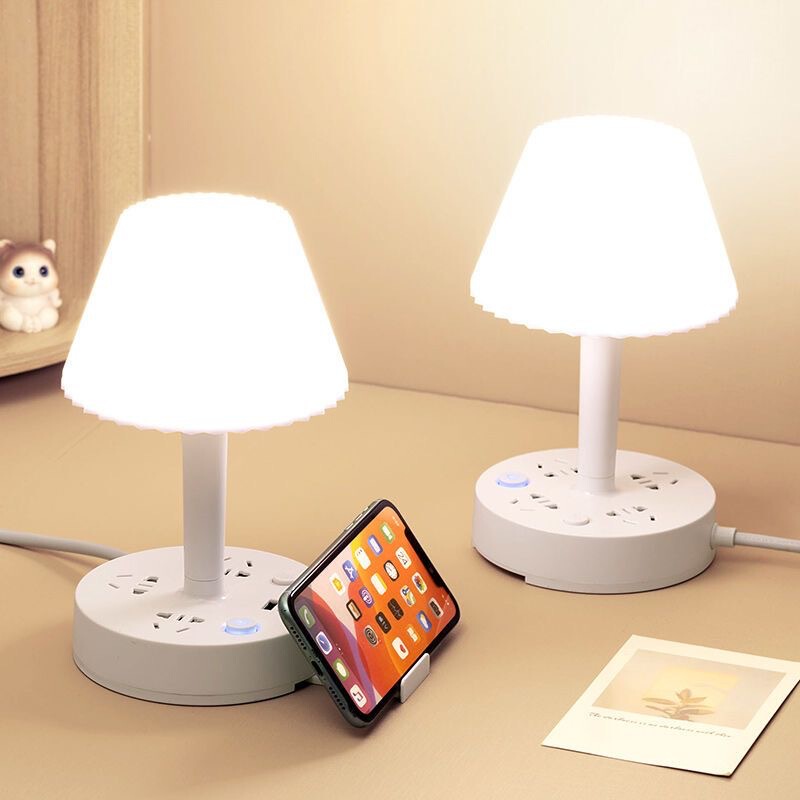 Multifunctional Table Lamp with Integrated Socket, Eye-Protection Bedside Lamp, Multi-Level Warm and Cold Light, Household Remote-Controlled Bedroom Lamp with Power Strip