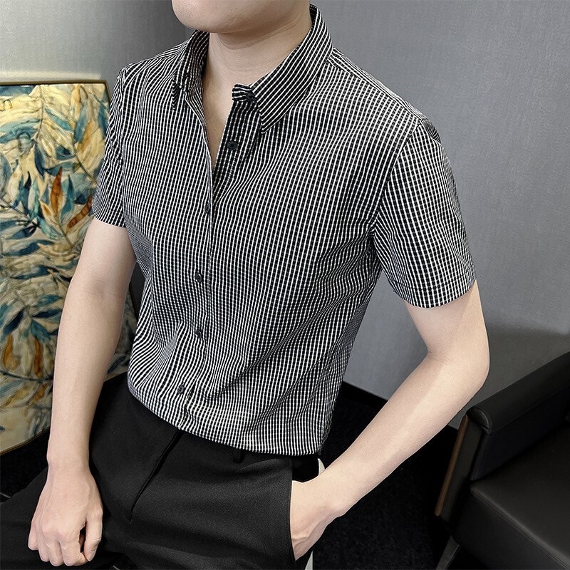 男士衬衫长袖春秋季2025新款高级感男装商务休闲修身格子男款衬衣|undefined