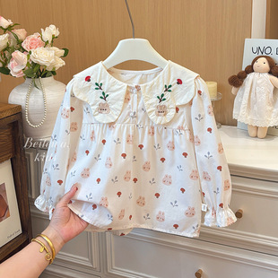 Girls' New Pure Cotton Kidsren's Shirts, Versatile Spring & Fall Doll Collar Lapels, Stylish Bottoming Long-Sleeved Shirts for Baby Girls
