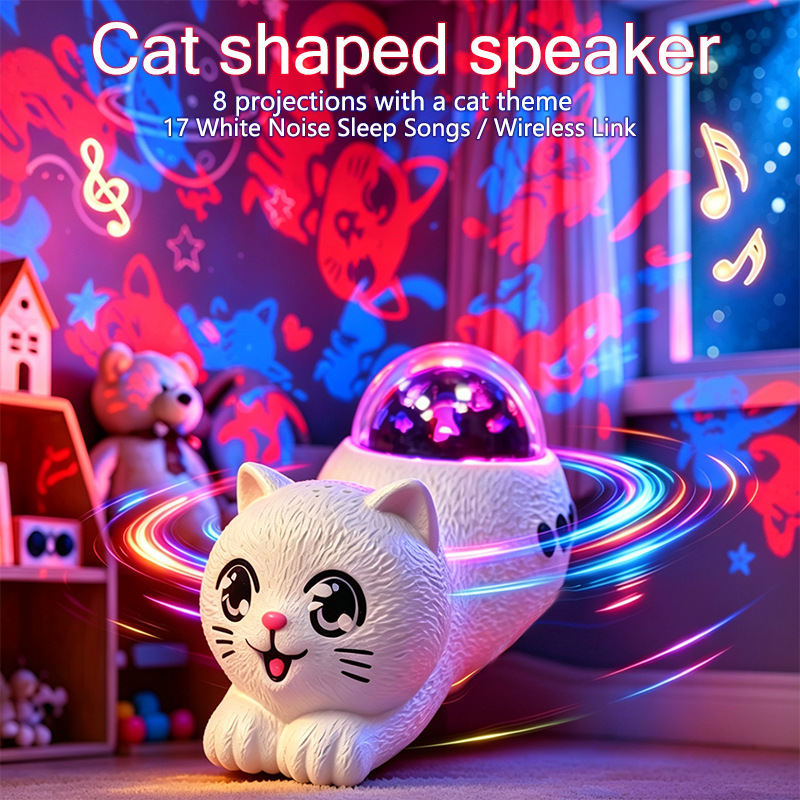 Children's Artificial Animal Cat Model Black and White Kitten Bluetooth Speaker Rotating Starry Sky Lamp 17 Sleep Songs Children's Artificial Animal Cat Model Black and White Kitten Bluetooth Speaker Rotating Starry Sky Lamp 17 Sleep Songs