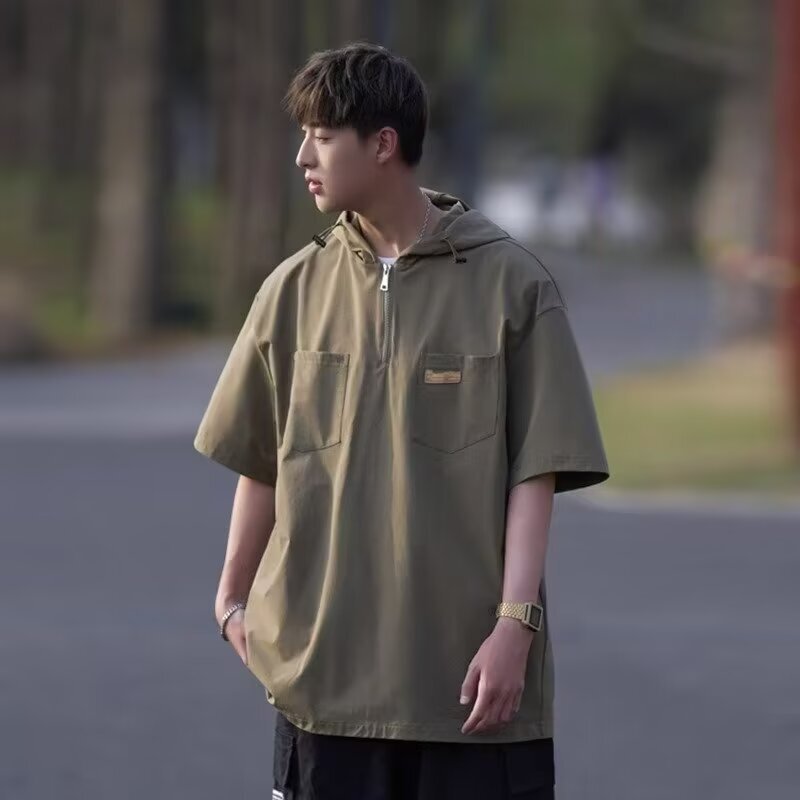Summer Hooded Zipper Shirt for Men, Short-Sleeved Loose Work Shirt, Casual and Versatile Men's Half-Sleeved Shirt