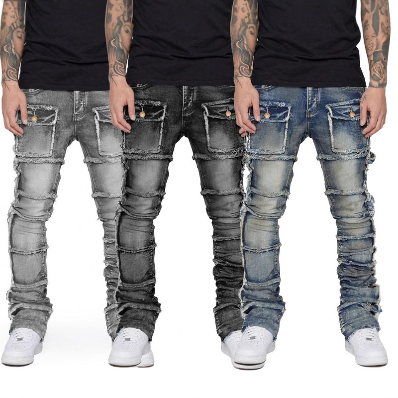 2026 European and American Fashion Ins Hot-Selling Men's Denim Workwear Straight-Leg Pants with Stretch Patchwork Layered Flared Jeans for Men