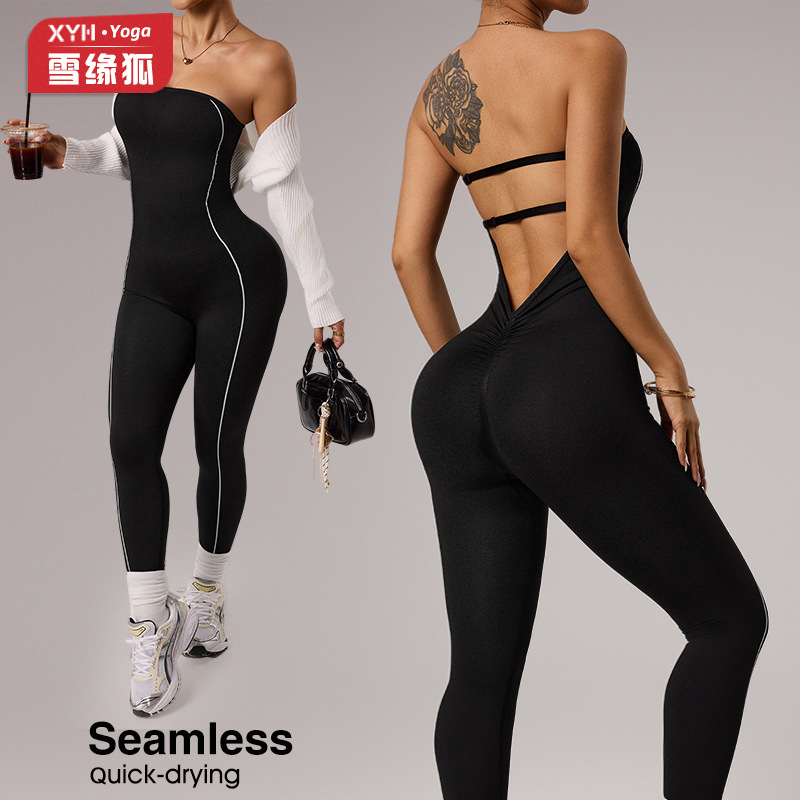 Cross-Border One-Shoulder Strapless Anti-Slip Sports Jumpsuit for Women with V-Waist, Slimming, Tummy Control, and Butt-Lifting Features