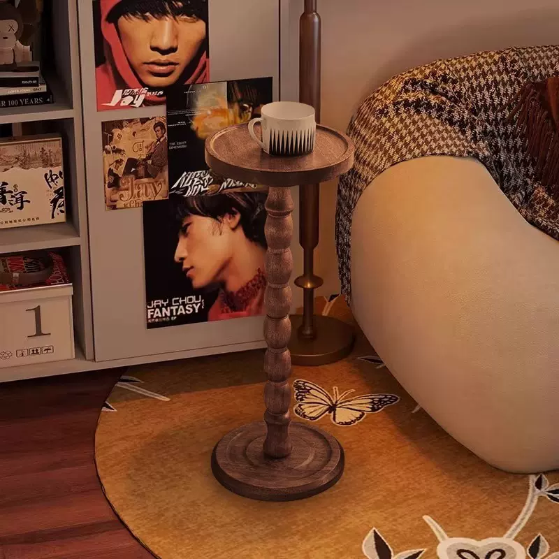 实木边几小圆桌复古轻奢迷你沙发茶几桌子极窄角几中古美式置物架