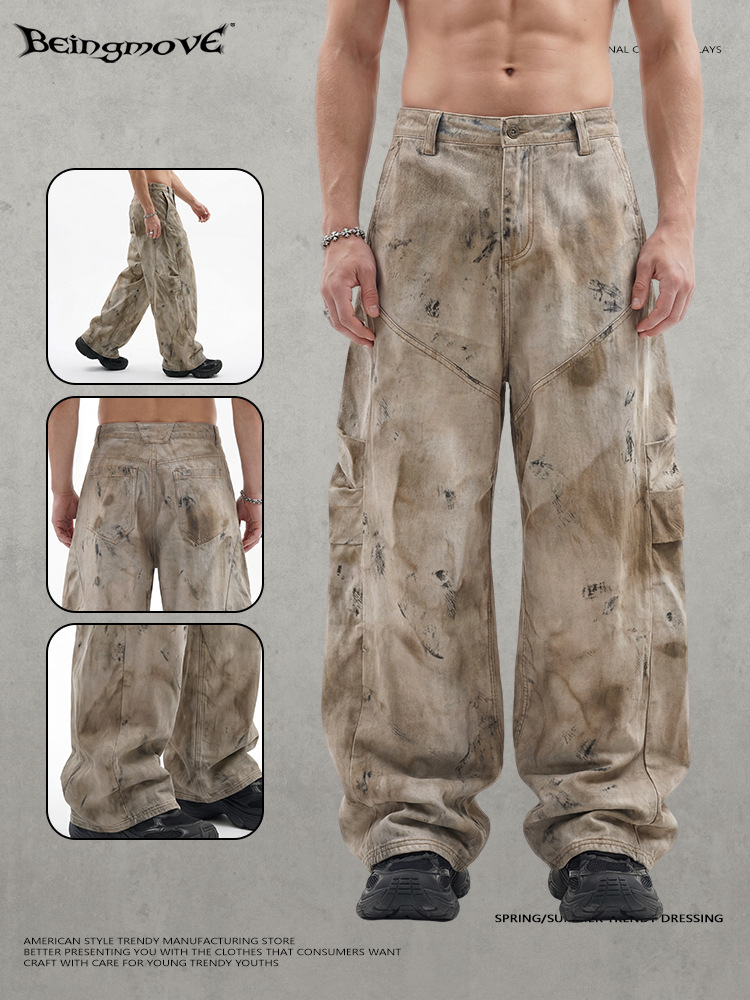 Calle secada| Marca de moda americana callejera retro lavado con agua hace viejos jeans amarillos de barro texturizados sueltos pantalones de hombre