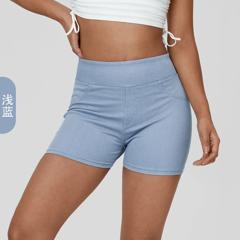 Pantalones cortos de yoga de mezclilla transfronterizos para mujer, cintura alta, bolsillos delgados para levantar la cadera, deportes para correr, pantalones casuales de tres puntos