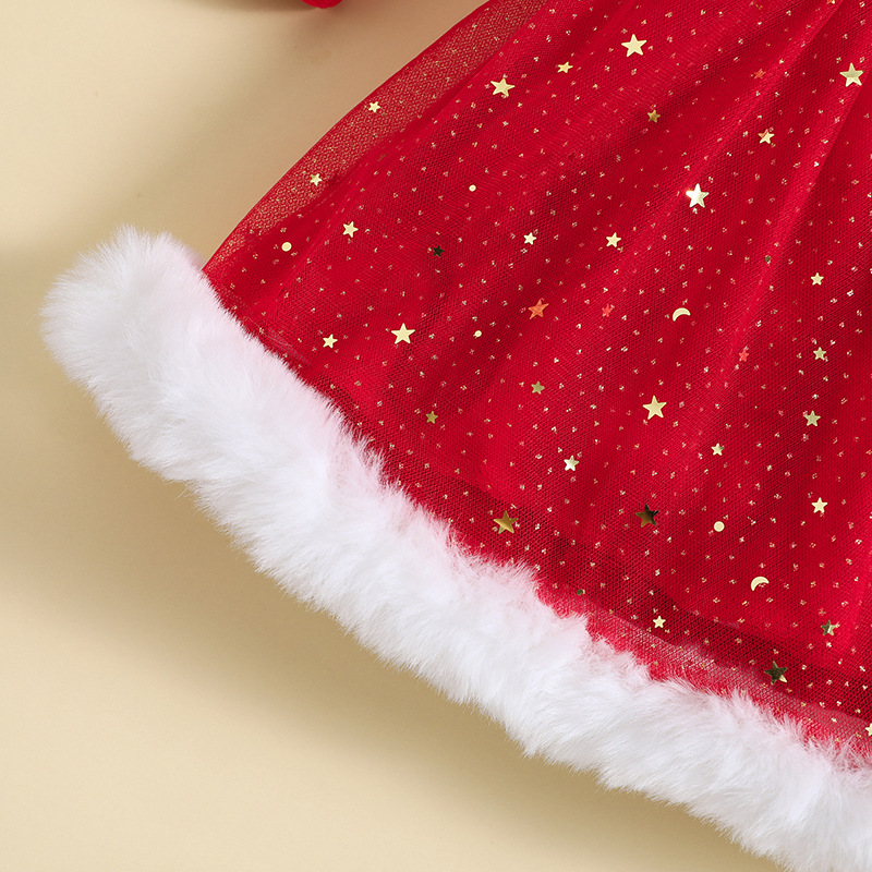 Vestido nuevo de Navidad para niños 2023 vestido de princesa de malla de estrella con manga de burbuja + lazo_voghion.com
