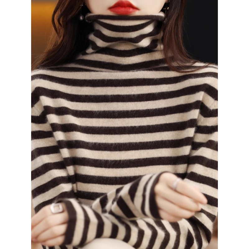 Stacked Collar Striped Sweater Women's Autumn and Winter New High-end Foreign-style Inner Base Sweater Thickened Turtleneck Top