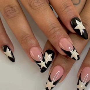 X-0274 wear a European and American French black edge Milky White five-pointed star wear nail art 24 removable wholesale
