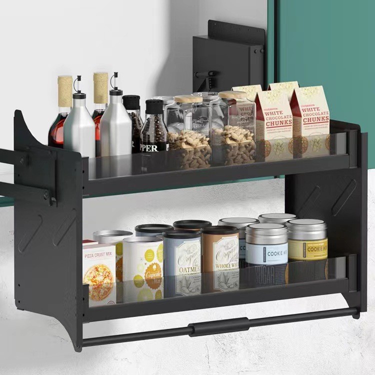 Gabinete colgante de elevación de doble capa cesta extraíble gabinete desplegable gabinete de cocina superior merienda condimento Almacenamiento de elevación de amortiguación cesta extraíble