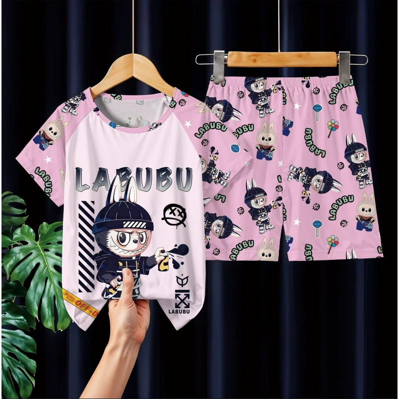 Children's thin pijama for boys, cartoon set, with short sleeve, for teenagers