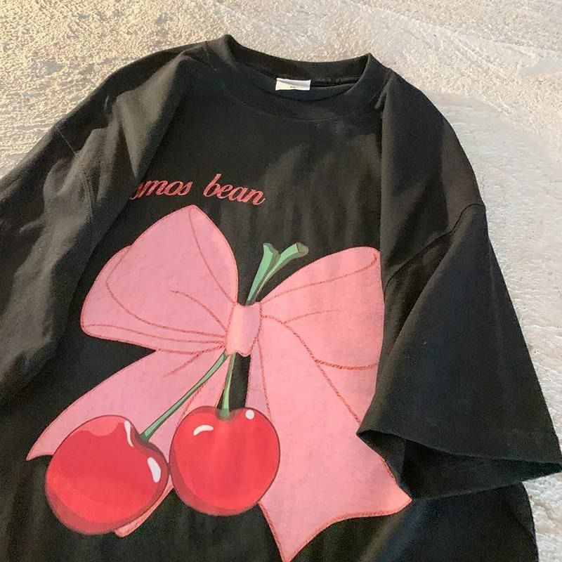 Harajuku Style Japanese Cute Short-Sleeve T-Shirt with Graffiti Print, Round Neck, Loose Fit, Sports Casual Top, Trendy Base Shirt