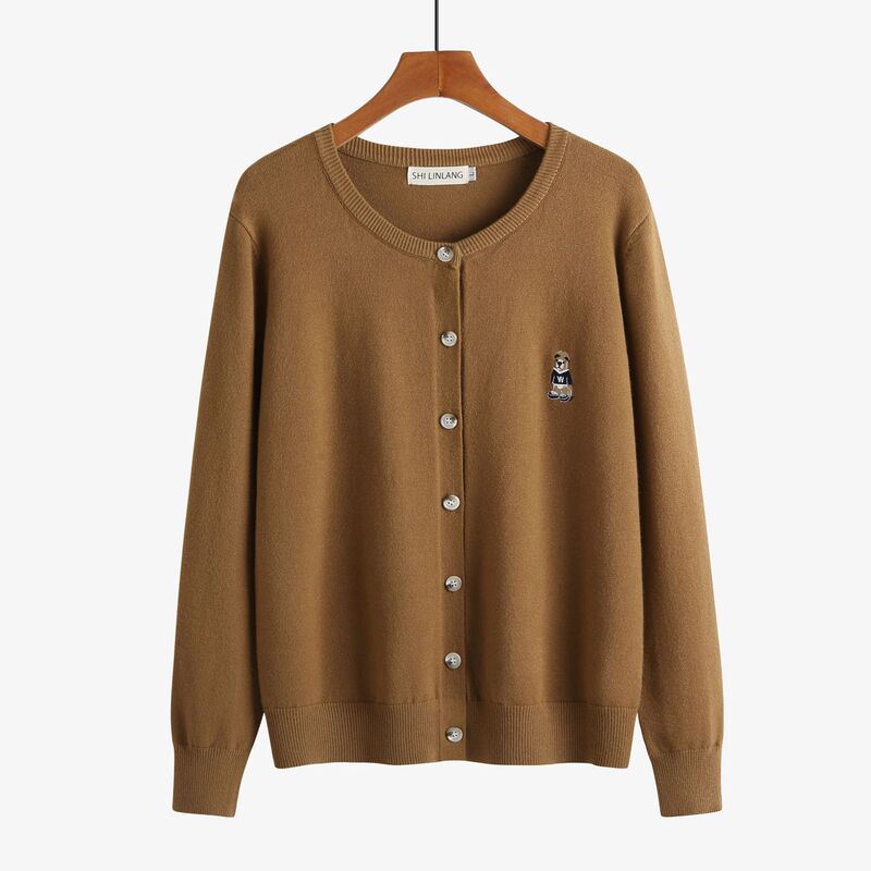 2024 Early Spring Bear Embroidered Sweater Cardigan Round Neck Long Sleeve Plus Size Plus Size Women's Cardigan Knitted Outerwear