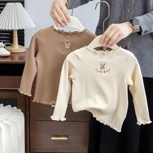 春秋女童装打底衫宝宝洋气儿童个性潮韩版卡通花朵刺绣木耳边T恤