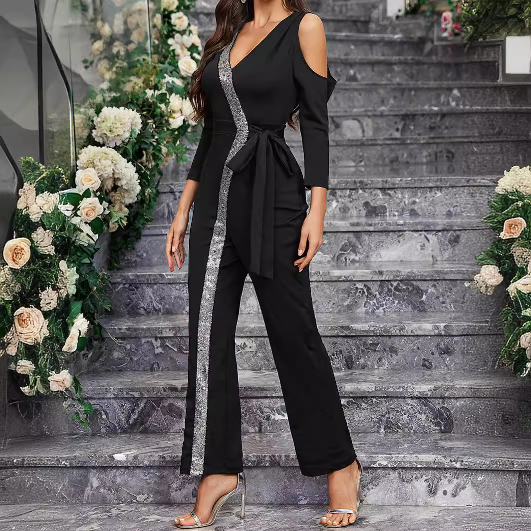 QQH primavera y verano Europa y los Estados Unidos comercio exterior nueva ropa de mujer Amazon manga larga color sólido pantalones casuales negros crossing overalls