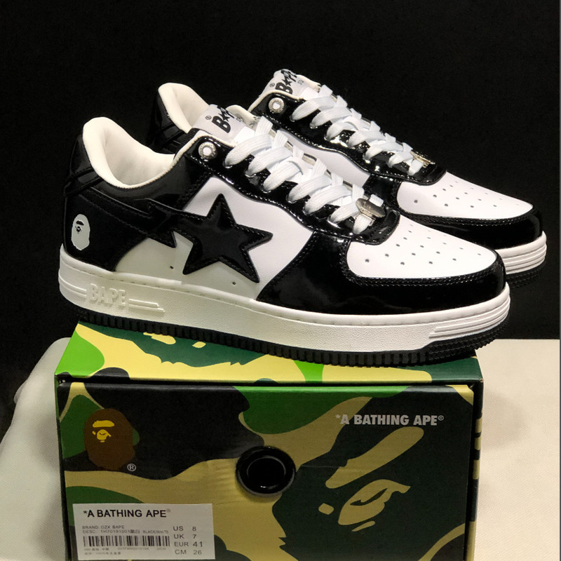 莆田Bape Sta 猿人头空军联名漫威黑白熊猫漆皮真皮男女低帮板鞋|undefined