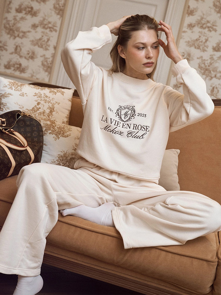 Bộ đôi áo nỉ thêu và quần dài nữ phong cách casual — Màu trắng nhạt, Màu xanh hải quân, màu xám, nâu sẫm chi tiết 57