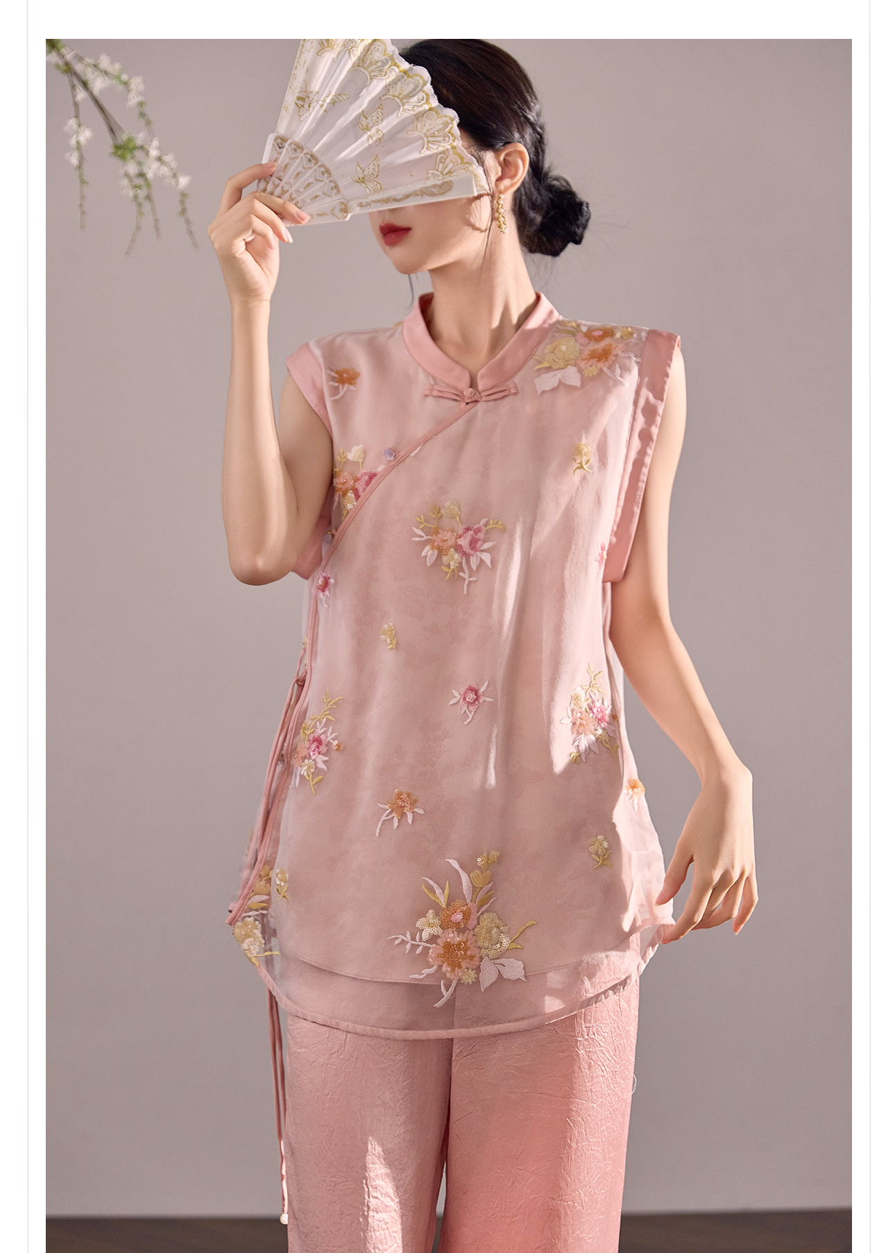 Áo vest lụa tằm thêu hoa phong cách Trung Quốc mới, thiết kế mỏng mùa hè M4007B — màu hồng chi tiết 8