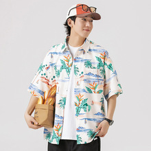 衬衫男夏季新款潮流印花衬衣男士薄款冰丝沙滩度假夏威夷短袖衬衫