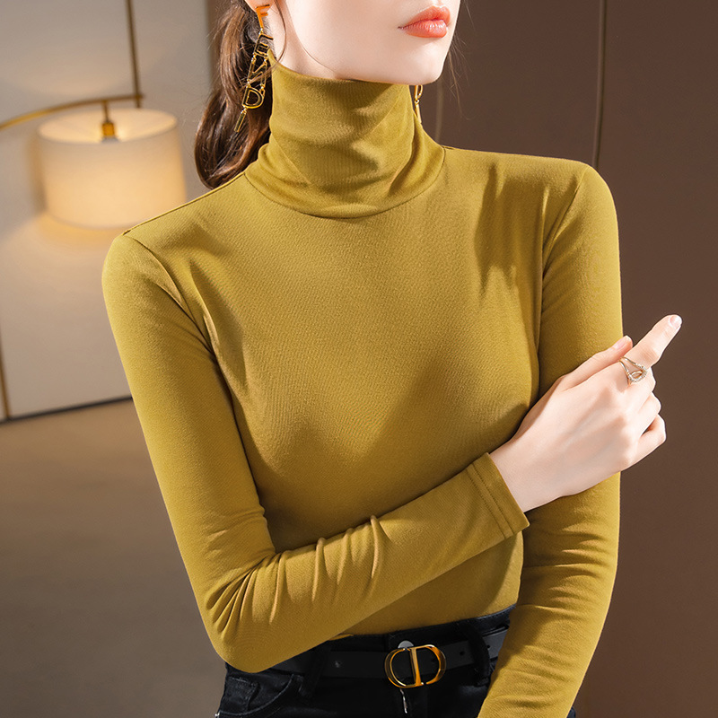 Camisa de fondo de cuello alto para mujer 2022 Otoño e Invierno Nueva Camiseta de manga larga de color sólido con forro polar cálido Cintura interior superior ajustada image 7