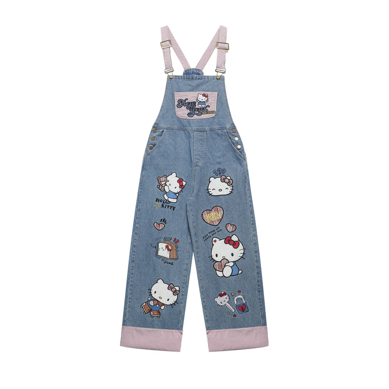 Contrast Color Fun Cartoon Embroidered Denim Overalls Men's American Retro Washed Loose Straight Versatile Jumpsuit
