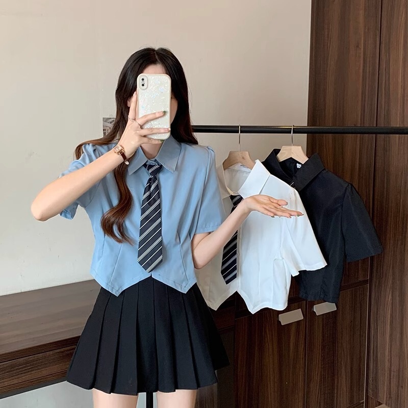 Polo Collar Short-Sleeved White Shirt for Women Summer 2026 New Korean Style Asymmetrical Preppy Style Cardigan Top for Small People Polo Collar Short-Sleeved White Shirt for Women Summer 2026 New Korean Style Asymmetrical Preppy Style Cardigan Top for Small People