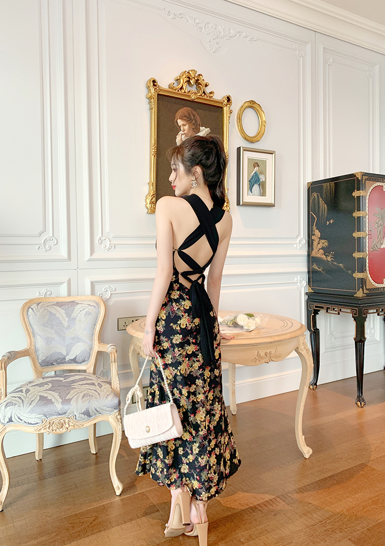 Váy maxi dây hở lưng họa tiết hoa cổ điển Pháp thắt eo tôn dáng — Màu hoa chi tiết 20
