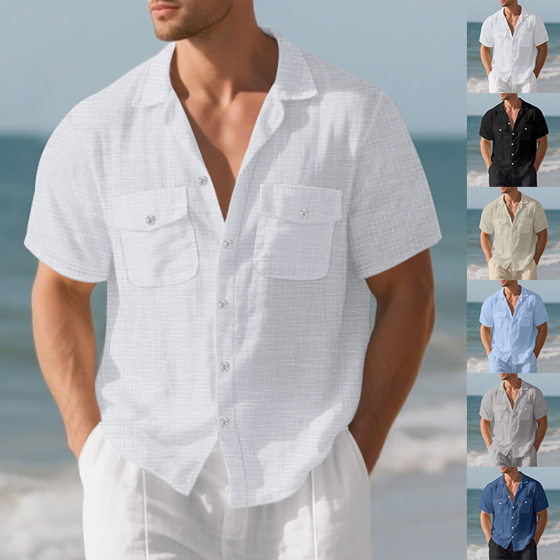 Chemise d'été à manches courtes pour homme, couleur unie, double poche, décontractée, pour les vacances_voghion.com