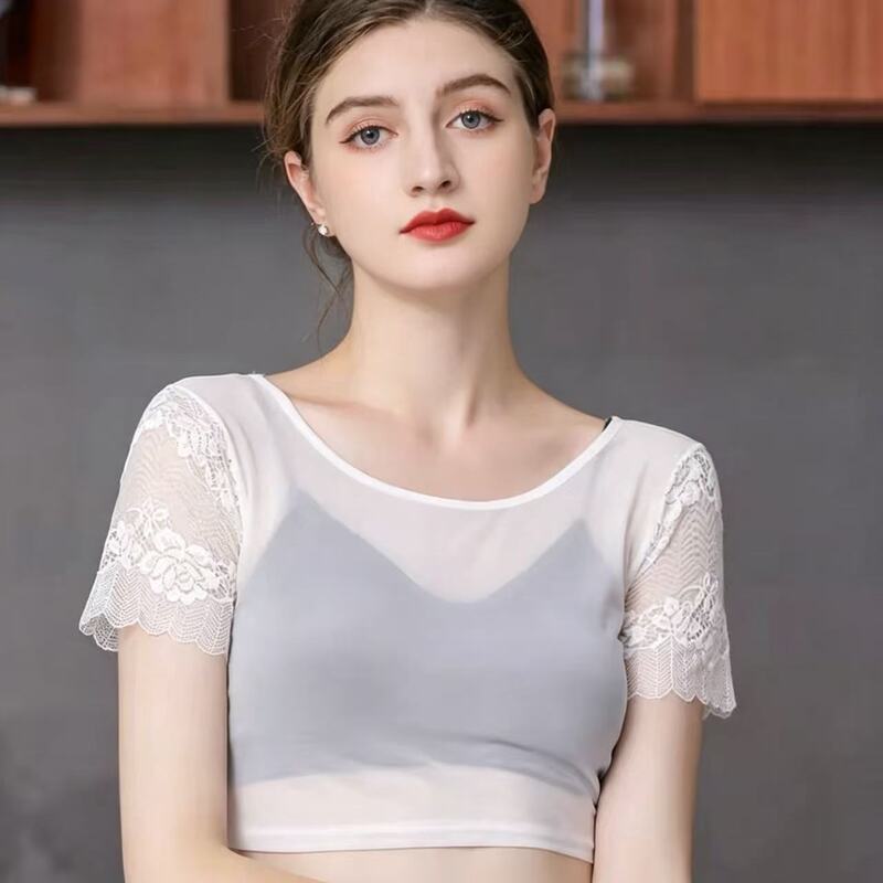 Lace See-Through Half-Sheer Mesh Undershirt Women's Short-Sleeve T-Shirt with Transparent Tight-Fitting Short Sheer Top Underneath Lace See-Through Half-Sheer Mesh Undershirt Women's Short-Sleeve T-Shirt with Transparent Tight-Fitting Short Sheer Top Underneath