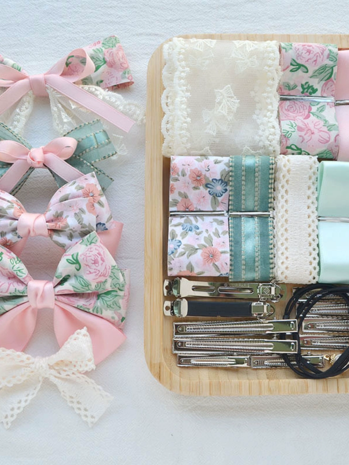 Набор заколок для волос с розовыми и зелеными цветочными лентами, материал для начинающих, ручная работа, аксессуары для волос своими руками, головной убор, домашний бантик