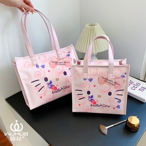 Mist Flower KT Cat PU Shoulder Backpack Pink Girly Heart Handbag Flower Pattern Large Capacity Commuting Mommy Bag