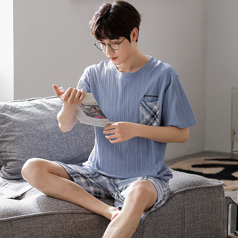 남자 잠옷 여름 새로운 반팔 반바지 투피스 의상 간단한 캐주얼 십대 플러스 사이즈 홈 옷