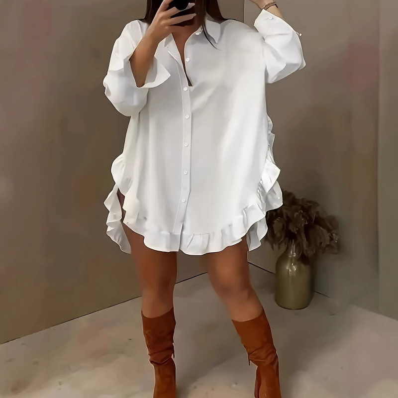 Plus Size Women's New Cross-Border Foreign Trade European Size Women's Solid Color Loose Casual Ruffled Hem Loose Shirt