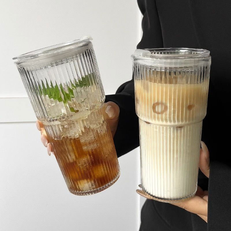 卸売りディザトーン縦紋グラスストロー付き高颜値insカップ女性家庭用冷たいコーヒーカップ|undefined