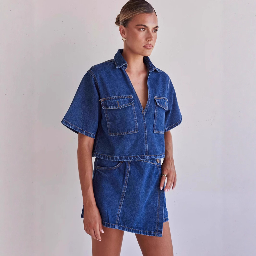 Set di pantaloni e gonna in denim da lavoro in stile europeo e americano, moda irregolare 2025, vendita calda transfrontaliera_voghion.com