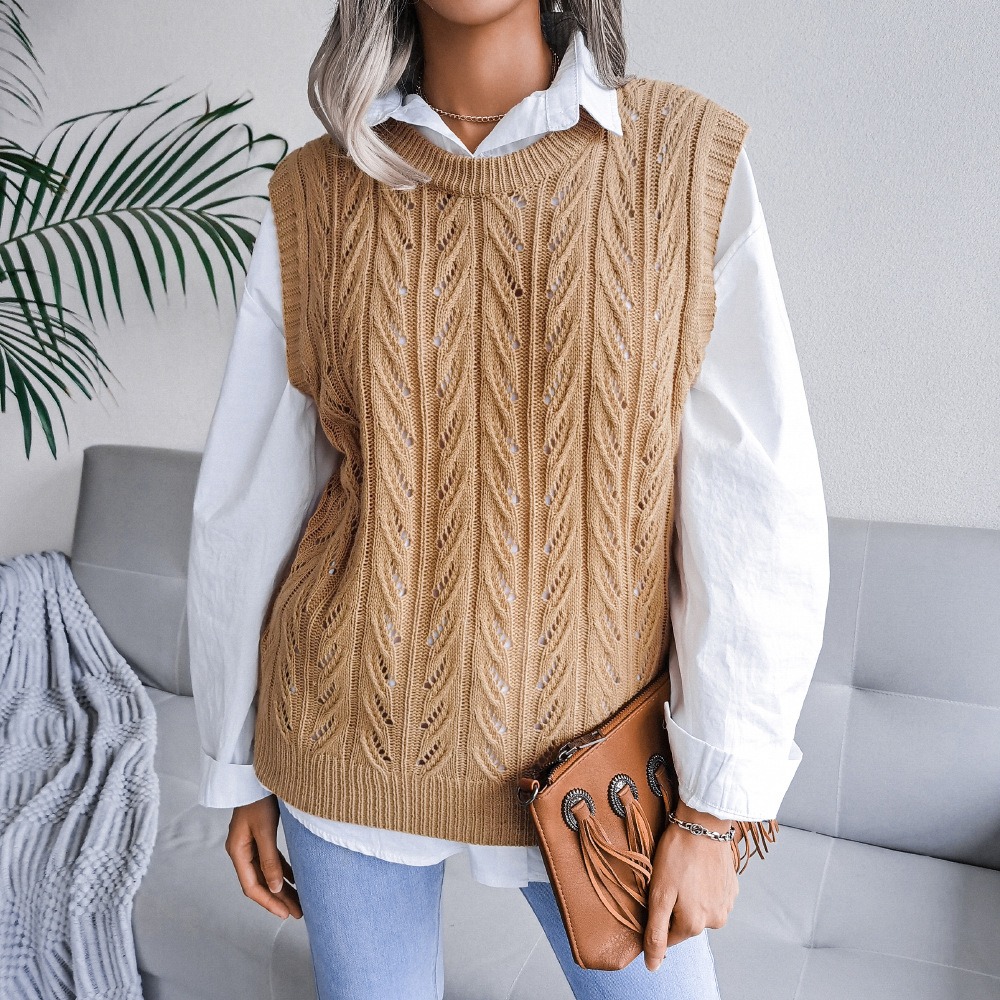 Sleeveless Round Neck Hollow Knitted Sweater Vest NSBJ100622