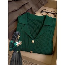 老钱风穿搭绿色针织开衫女早秋内搭修身设计感polo领长袖打底上衣