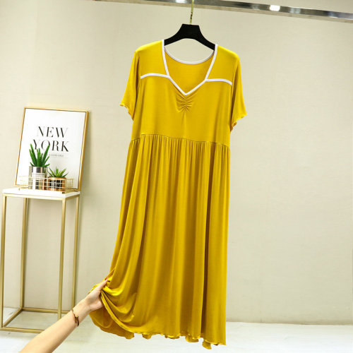 Summer Modal Short-Sleeve Dress Plus Size A-Line V-Neck Medium-Length Pleated Skirt Loose and Slimming Thin Dress
